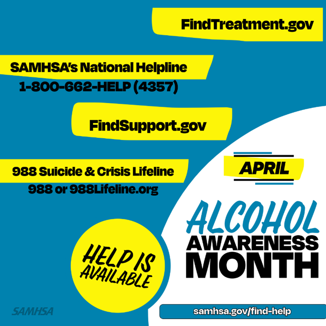 White and blue background with a message promoting Alcohol Awareness Month