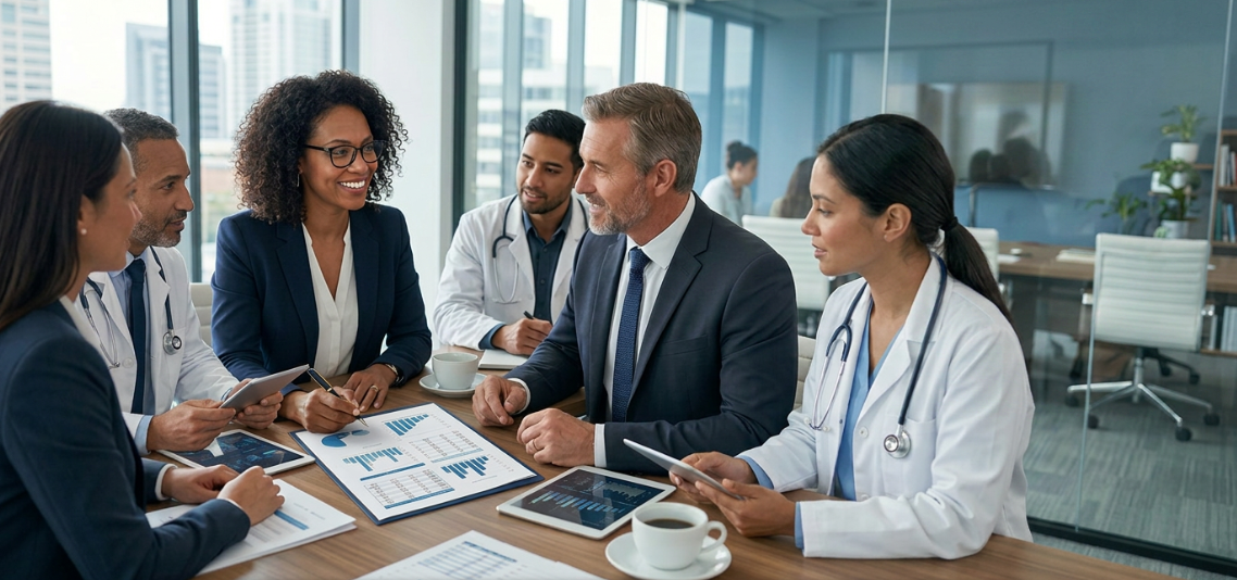 a meeting with a group of executive and doctors