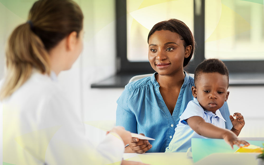 Woman and child talking with customer service