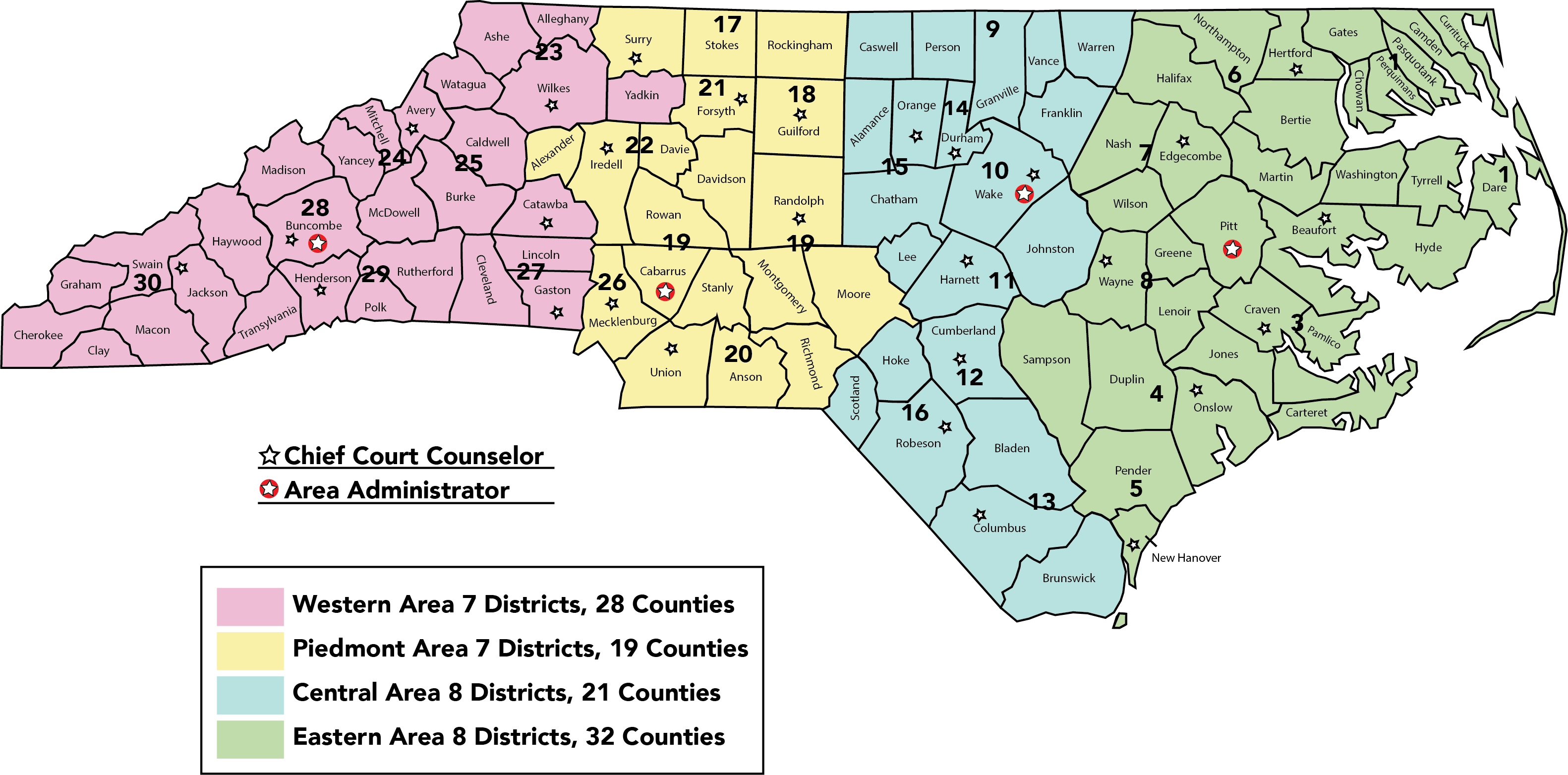 Mapa de Carolina del Norte dividida en cuatro partes