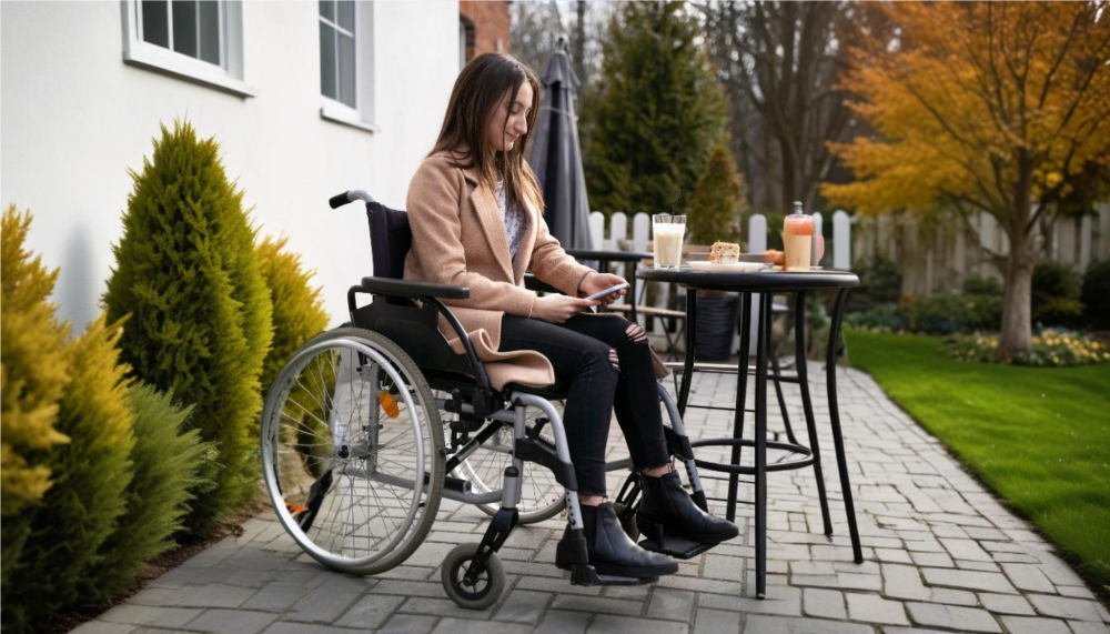 Woman in a wheelchair looking her mobile phone