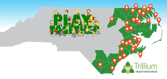 Map of North Carolina with cities where playground was award color marked