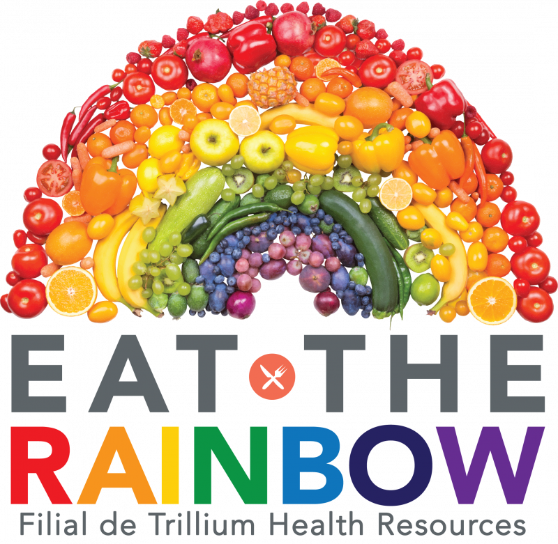 Frutas y vegetales en forma de un arco iris con las palabras Eat the Rainbow