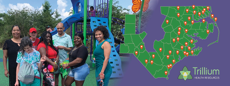a purple background with a map showing location of the inclusive playground