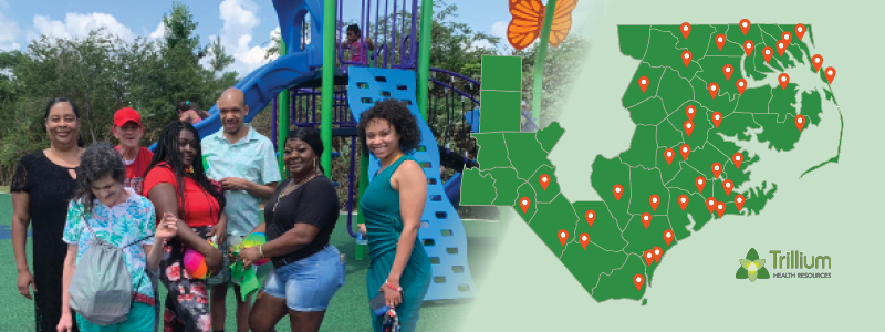 a purple background with a map showing location of the inclusive playground