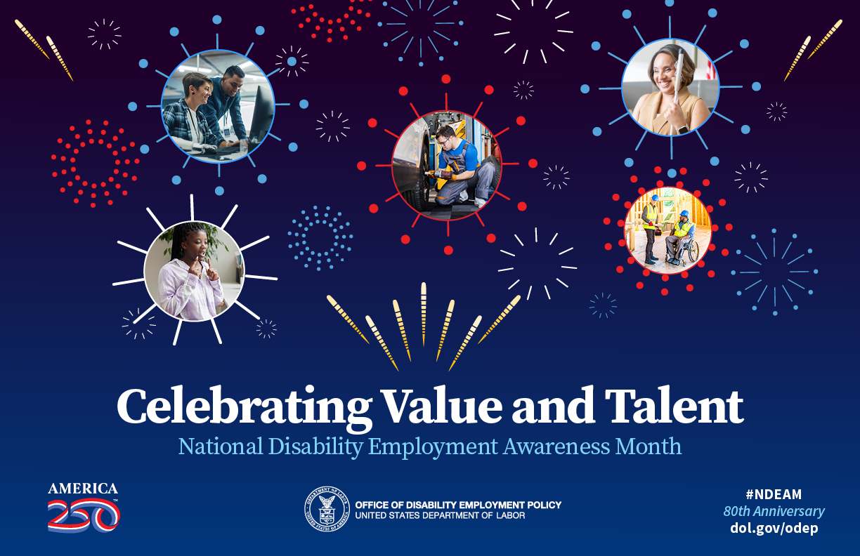 blue sky with fireworks and pictures of disabled employees