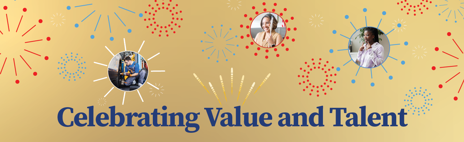 Gold background with fireworks and pictures of people with disabilities working in different types of jobs