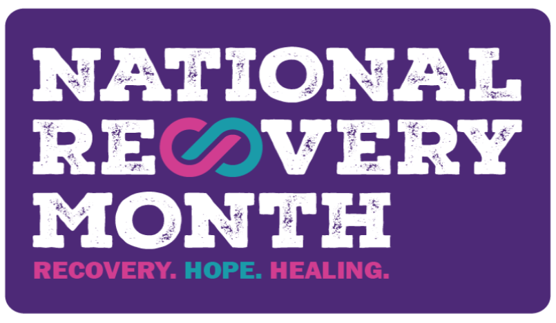 A purple background with National recovery month in white