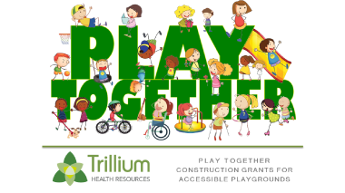 the phrase play together in green color with kids playing around