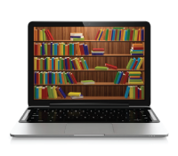 Lapto with shelve full of books on the screen