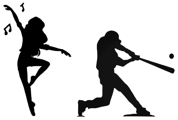 A Silhouettes of a baseball player and a ballerina