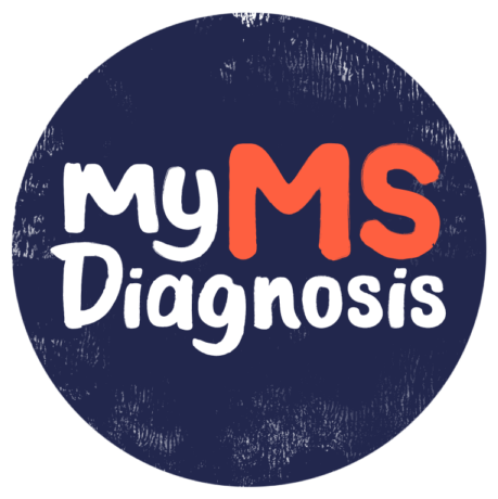 a circle with dark blue background and a letter My MS Diagnosis