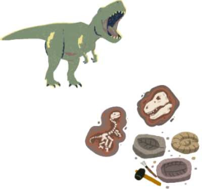 a green dinosaur with several fossils in rocks