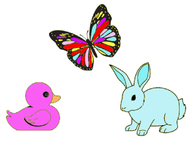 A blue bunny, pink ducky and colorful butterfly