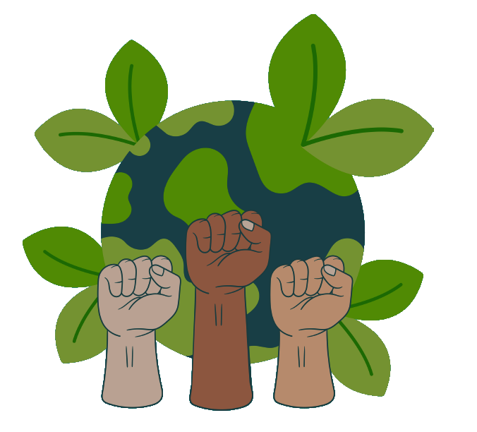 A cartoon of the earth with three fists up symbolizing success