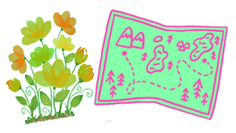 Clip art of a map and on the side a flower bouquet