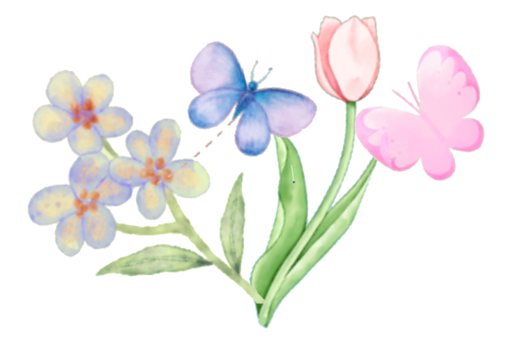 A cartoon of a bouquet of flowers with butteflies around