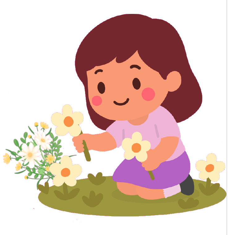 a cartoon of a girl cutting flowers