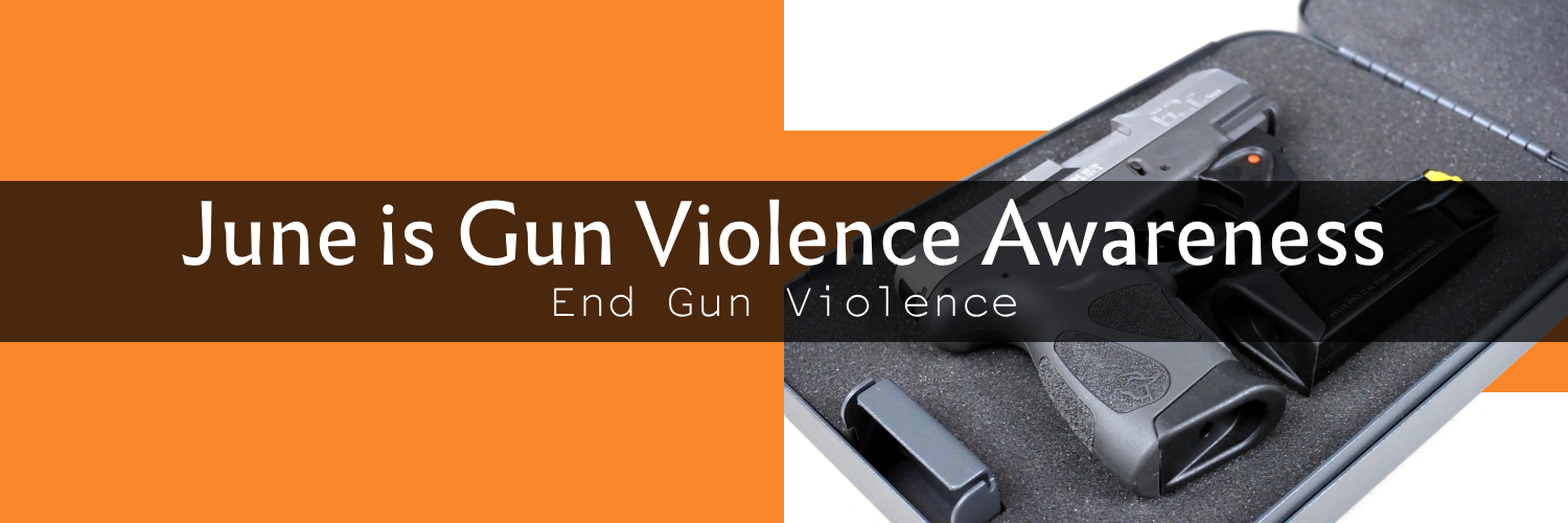 A orance background with a gun in a safety box promoting End Gun Violence