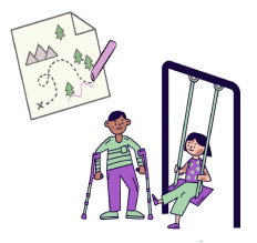 A clip art of two kids playing at the playground one of them with crutches