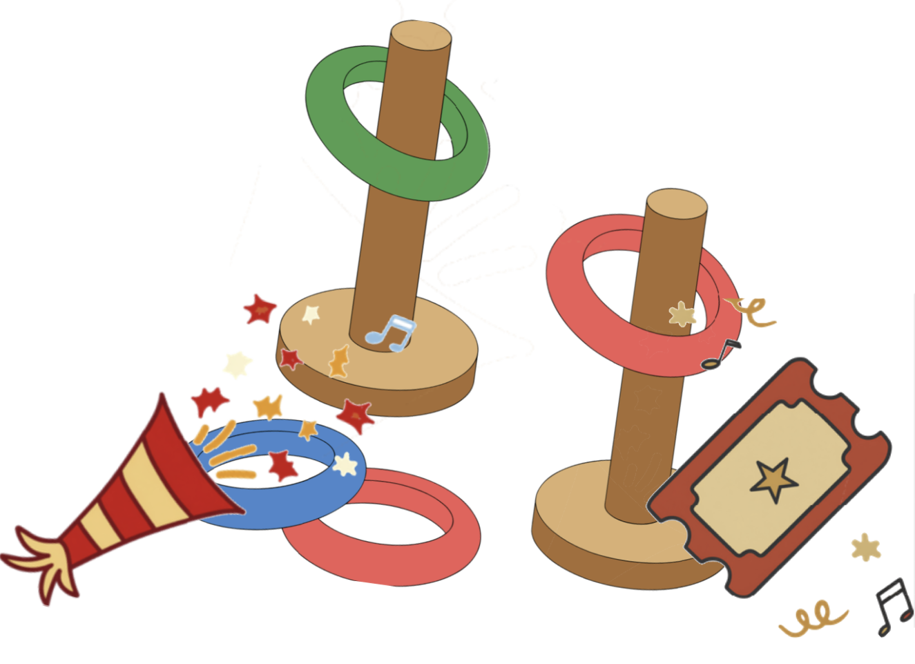 A cartoon of a toy and movie ticket
