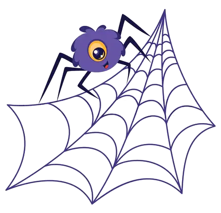 A cartoon of a purple spider on a it's web