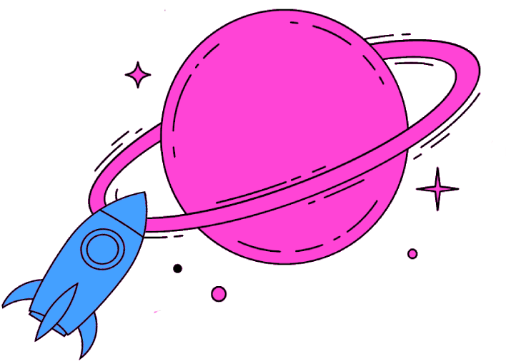 A cartoon of a pink planet with a blue rocket on the side
