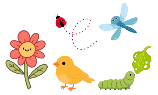 A clip art of a chick, a flower and a ladybug