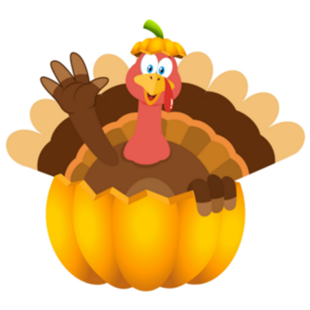 A cartoon of a turkey inside of a pumpkin