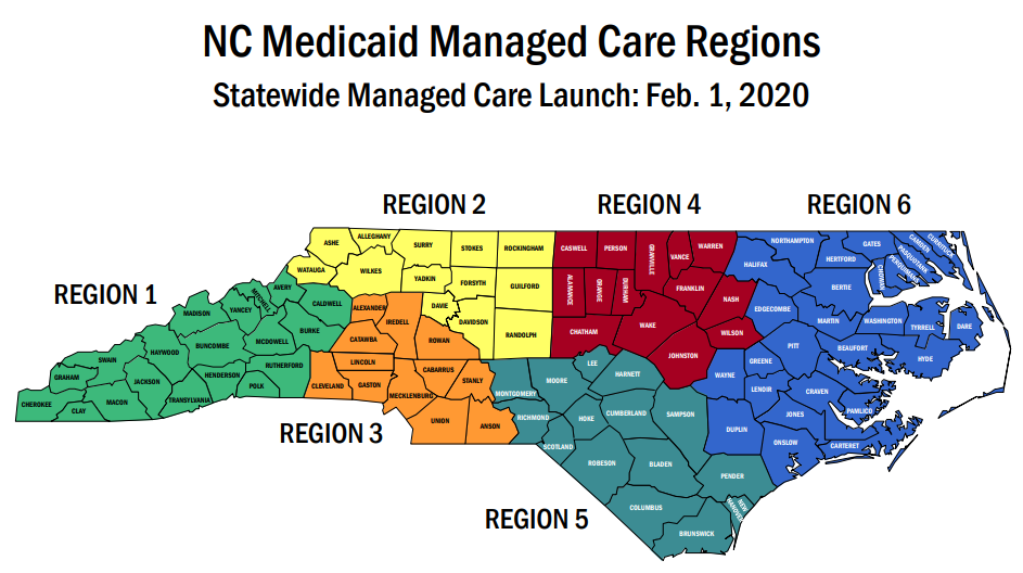 a north carolina map showin all region divide by colores