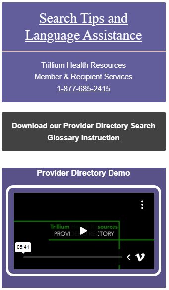 Screenshot of the Provider directory search tips and video