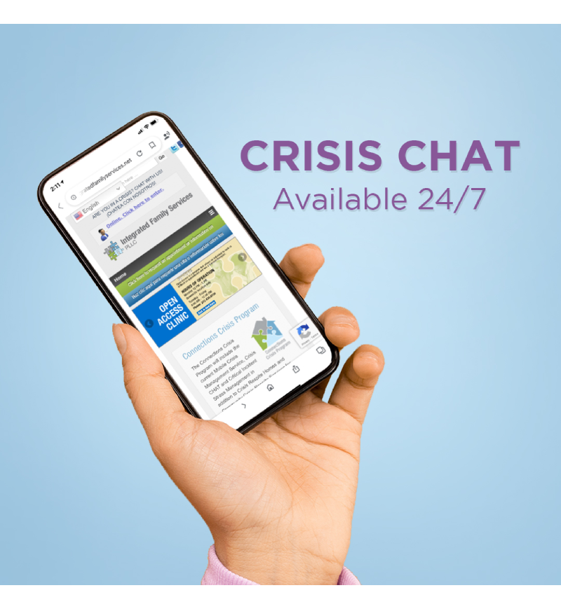 a blue background with a hand holding a cellphone with the IFS chat app open