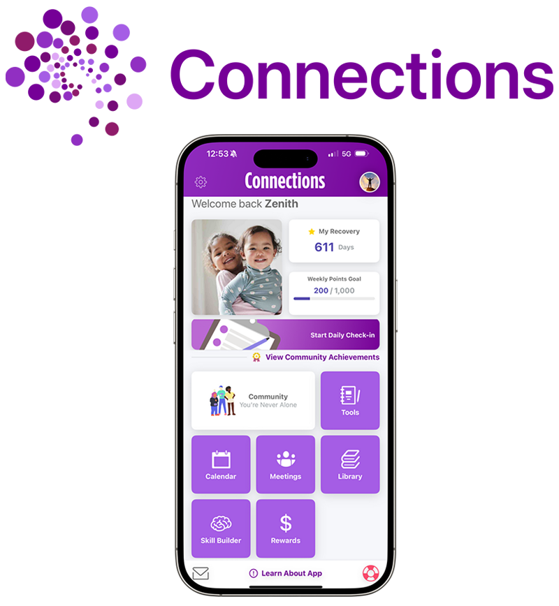 The Connectios word in purple letters in a transparent background 