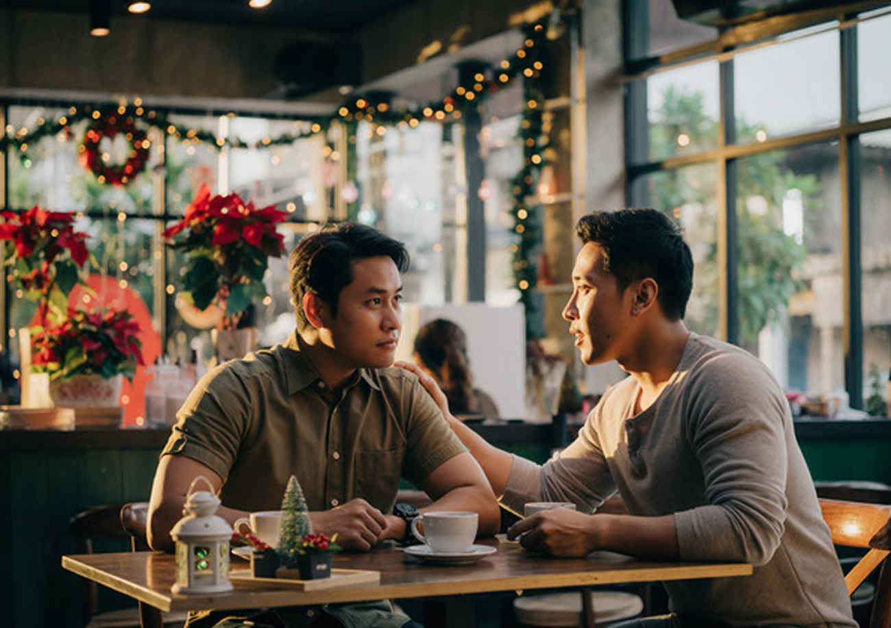 A man asking for help on a cafe with holiday decoration