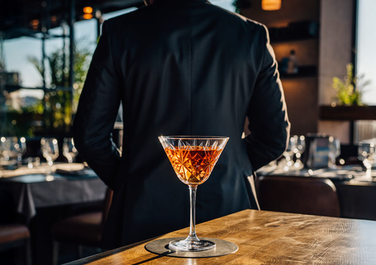 A glass of Martini on a table and a man walking away from it