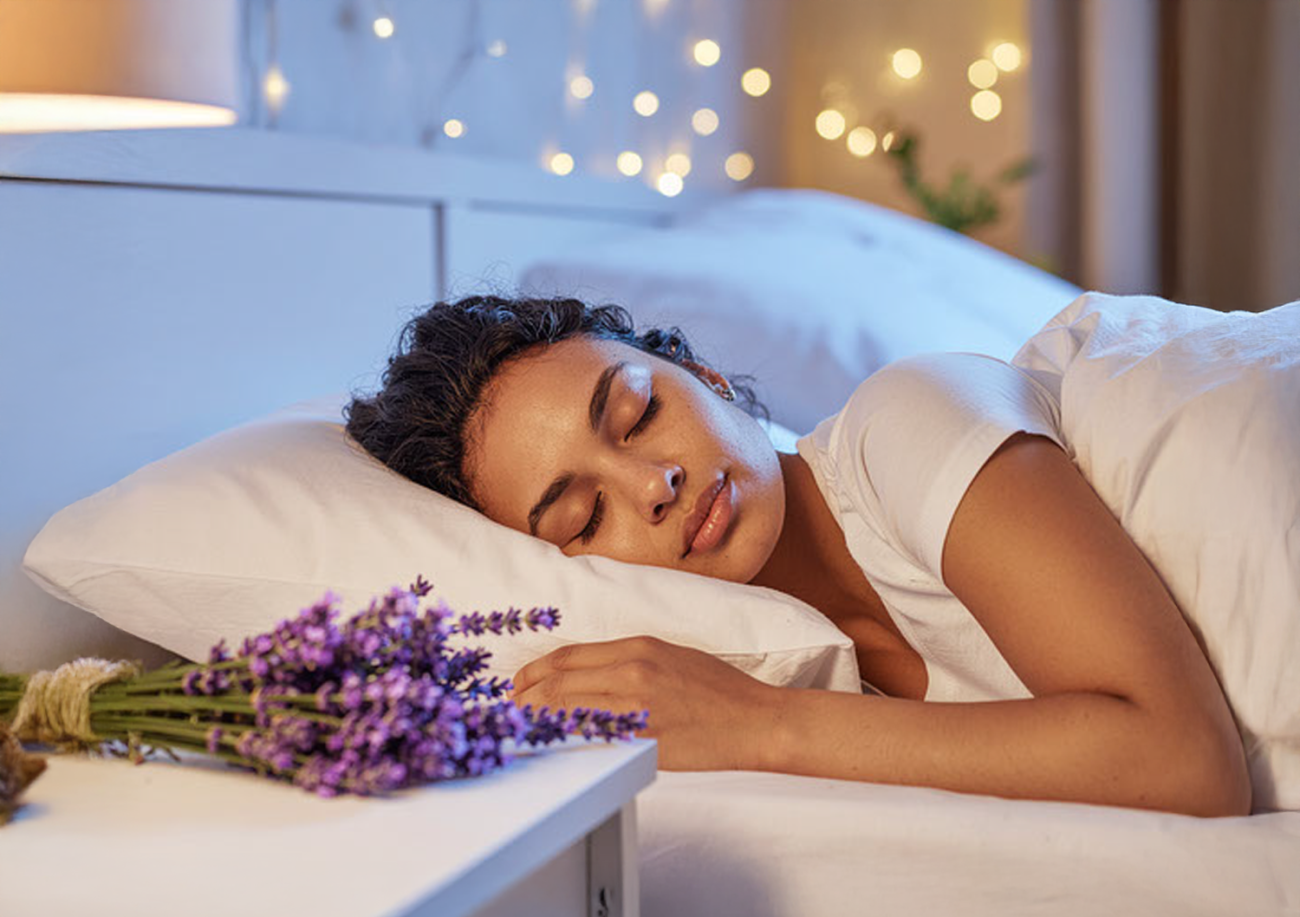 A woman sleeping in a bed with lavender flowers on the side table