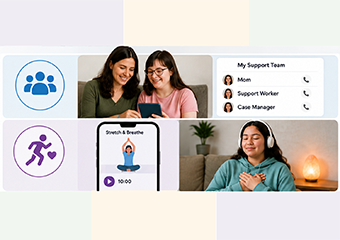 Image of a woman talking with her health support and another one doing yoga on their phone and