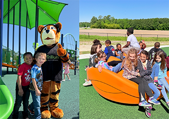 two pictures one with the Trillium mascot and another wiht kids playing 