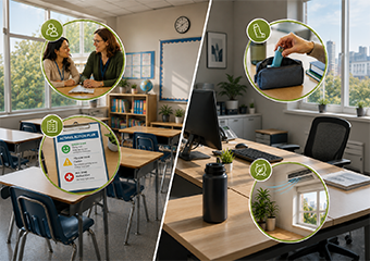 picture with a office and school background showing some tips to avoid Asthma
