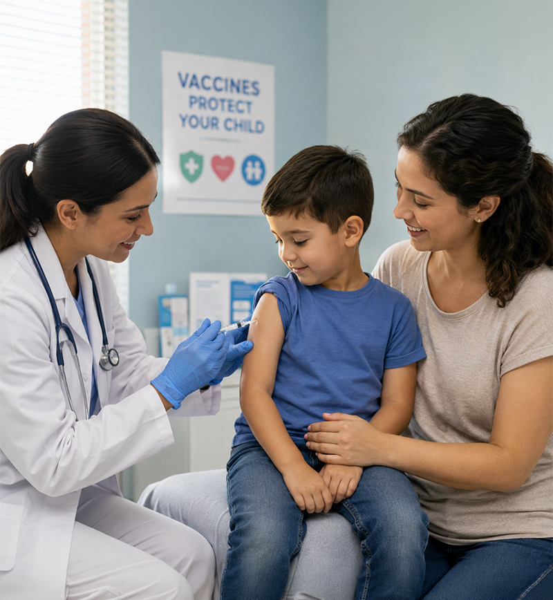 A boy with her mom and a docto getting vaccinated