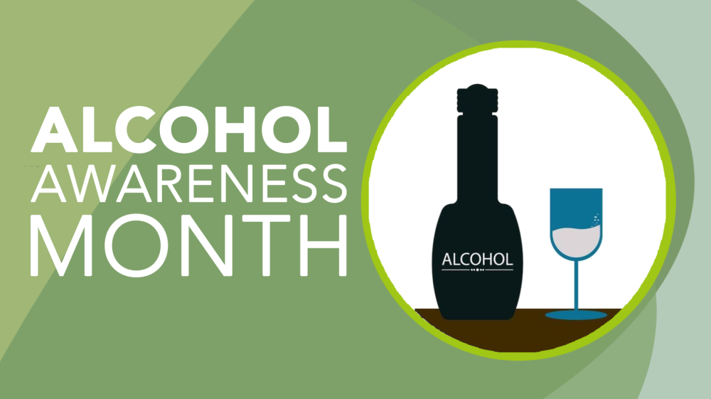 On a green background, the phrase "alcohol Awareness Month" in white color. A black silhouette bottle and a glass