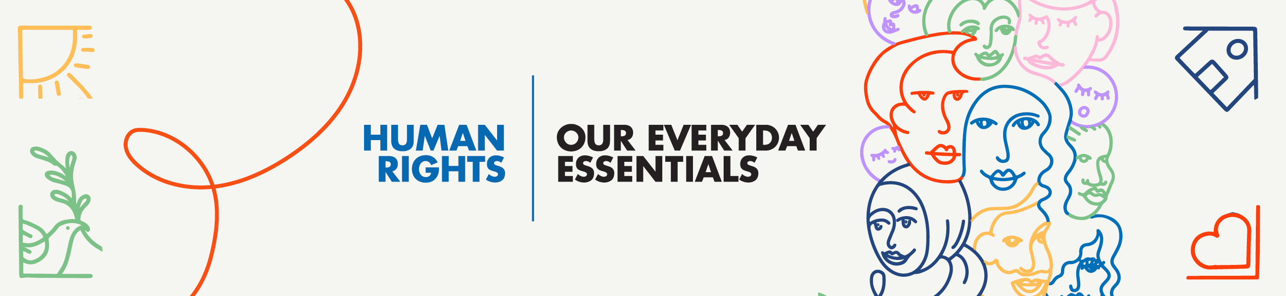 an outline of faces with different races, gender in different colors and the words "human rights"